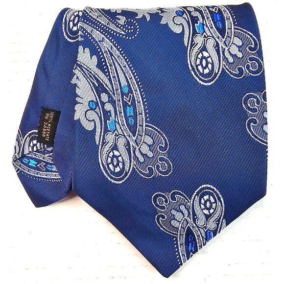 Vtg Mens Acetate Tie By In Navy & Blue Paisley Design - Picture 1 of 7